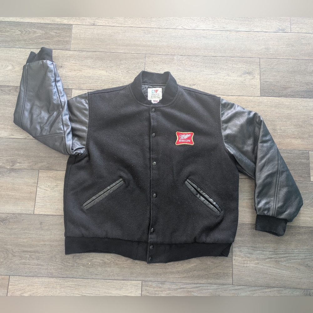 Miller High Life Girl on Moon Mens Leather & Wool XL Varsity Bomber Jacket Coat